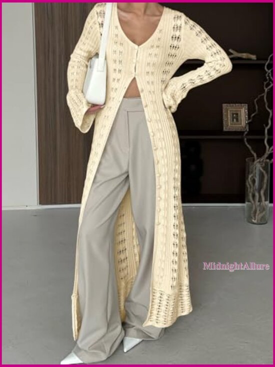 Long Crochet Cardigan Duster Button Up Bell Sleeve Boho Cover Up - Picture 5 of 7